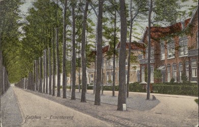<p>Prentbriefkaart uit 1925 met ingekleurde foto van de Deventerweg. Waarschijnlijk is per abuis de grasberm tussen de twee bomenrijen als halfverhardeing ingekleurd (Regionaal Archief Zutphen). </p>
